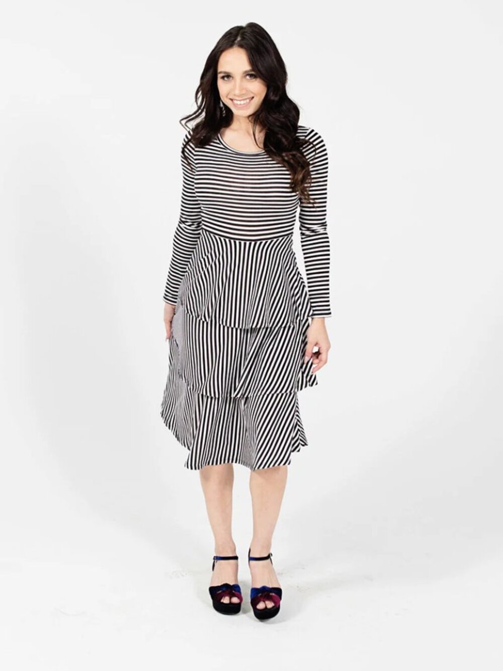 Lularoe Black White Striped long sleeve Georgia dress with ruffled hem Medium